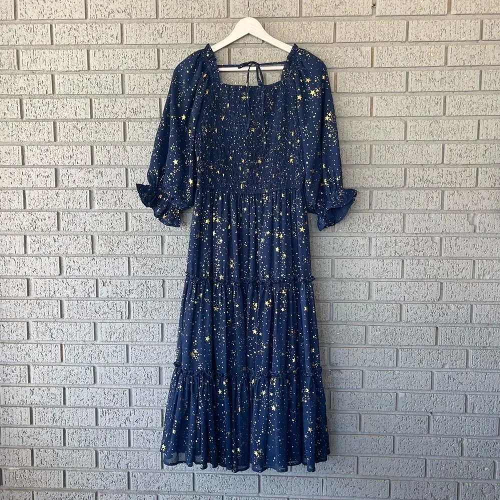 Ivy City Co Starry Nights Dress Navy Blue Gold Stars Size Medium - Picture 7 of 7